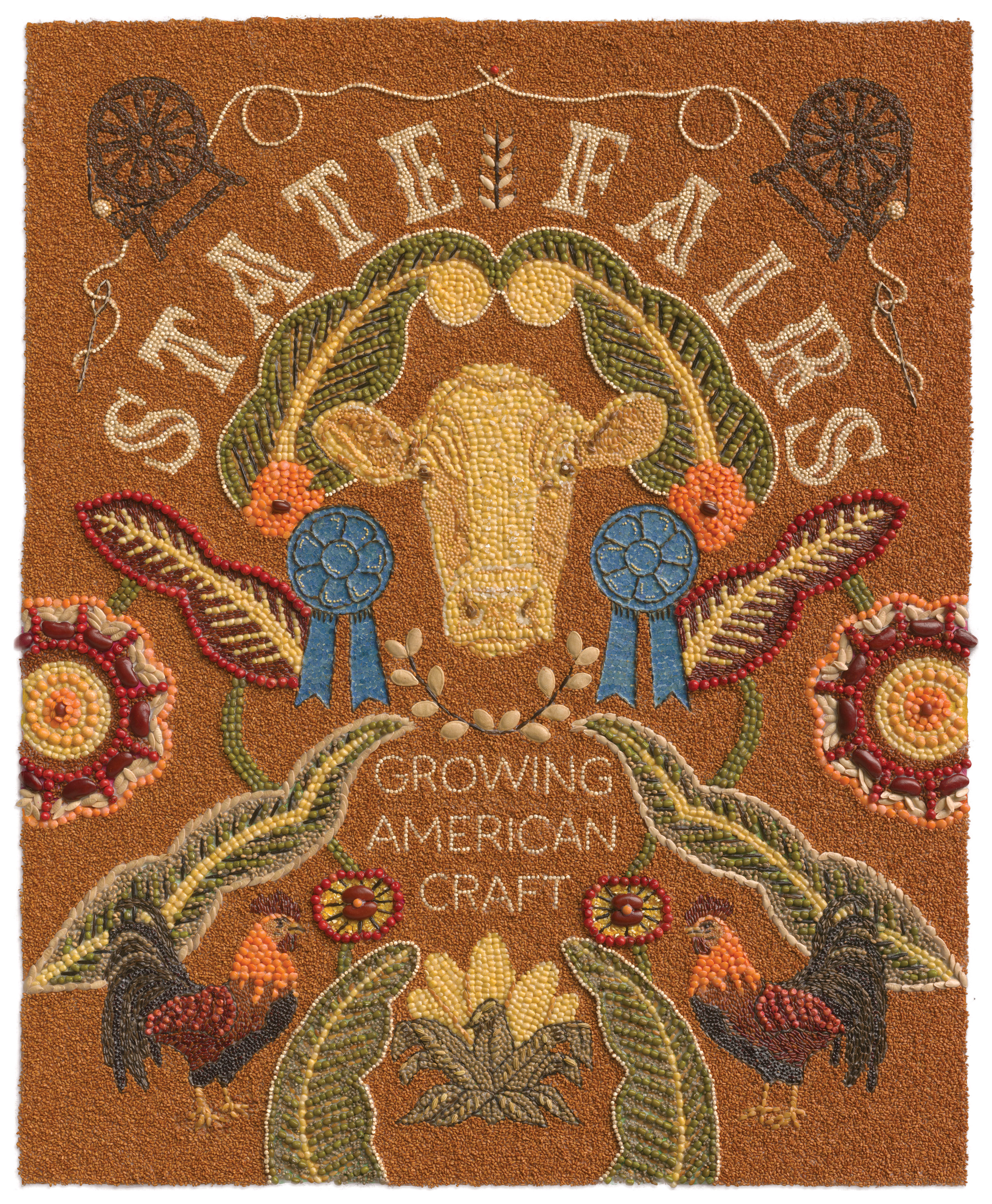 Crop art with the title State Fairs: Growing American Craft and a cow's head in the center.