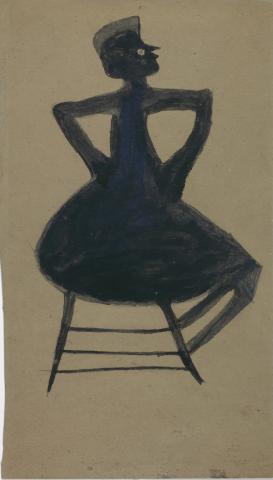 A drawing in black of a woman sitting down on a chair.