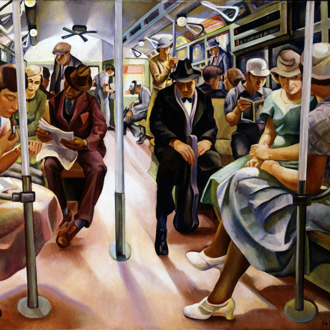 A painting of people in the subway. 