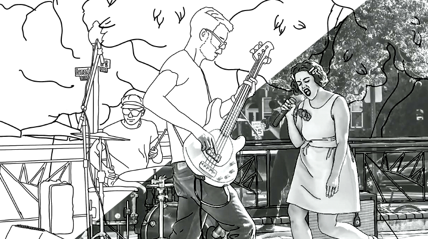 A coloring page of the band Park Snakes performing outdoors.