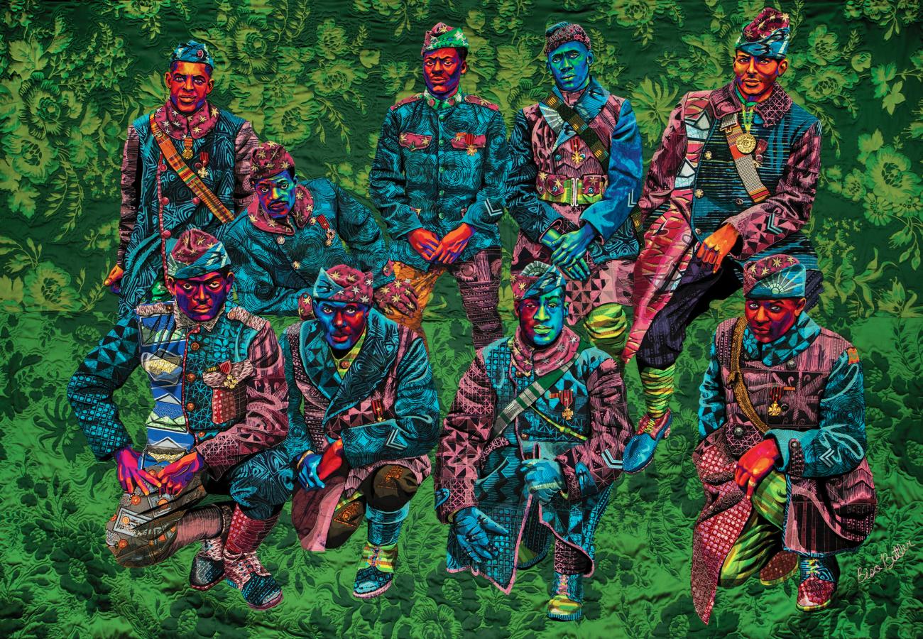 Quilted artwork depicting eight African American soldiers