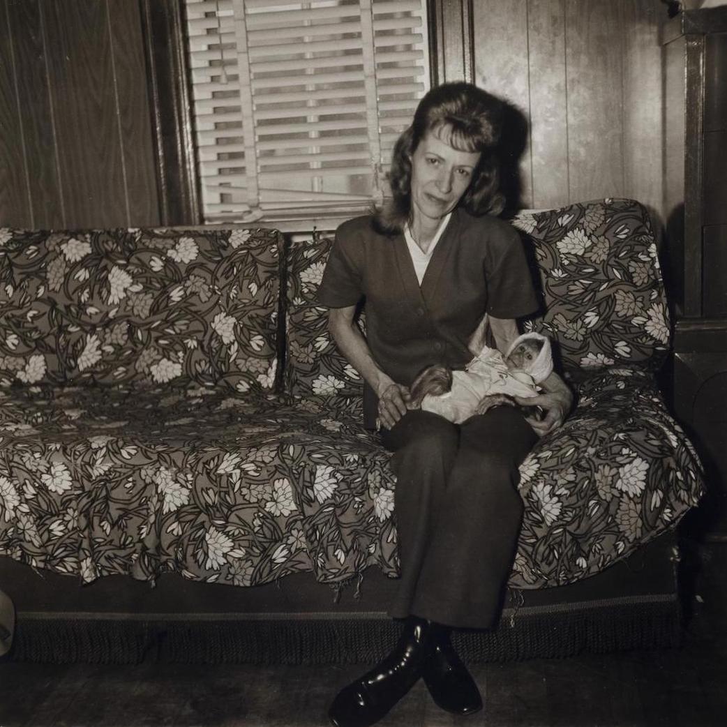 Woman sitting on a couch with a monkey dressed as a baby in her lap.