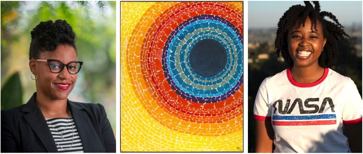 Image of Abra Lee, Alma Thomas's Painting The Eclipse, and Janelle Wellons.