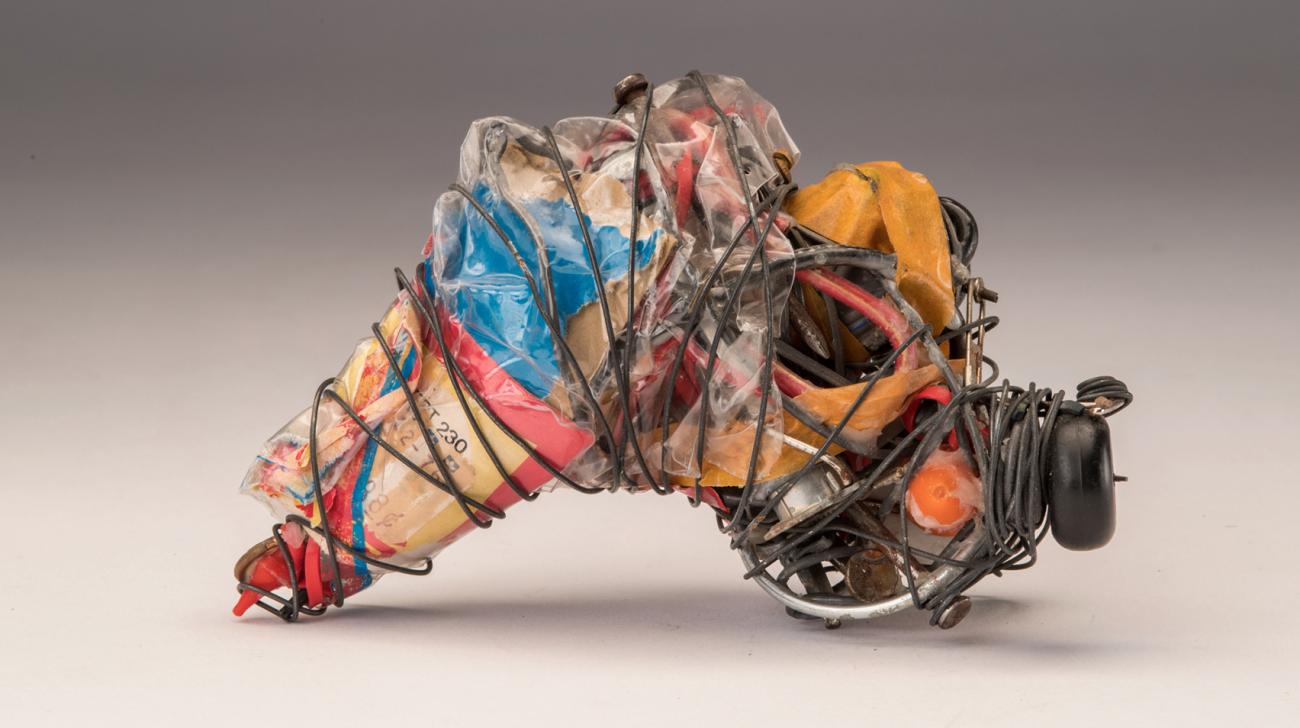 A colorful, wire-wrapped sculpture