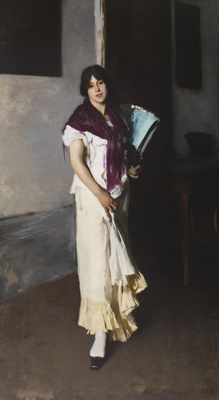 Oil painting of a woman in white dress holding glass pipes 