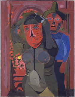 Oil on canvas of two figures at a carnival. 