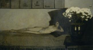 Romaine Brooks', Azalées Blanches (White Azaleas) is a painting of a nude woman laying on a bed with white azaleas in the foreground. 