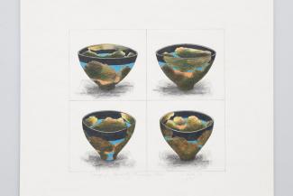 Wayne Higby's Study for Black Sky Landscape Bowl, set of four sketches with colored pencil.