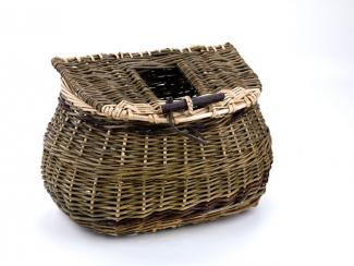 A basket with a rectangular base that transforms into a smaller circle with a lid. 