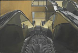 Estes' Escalator, a painting from the top of an escalator looking down.
