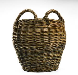 A basket that is tall like a bucket with two small handles.