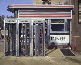 Estes' Diner, a painting of a diner with three telephone booths in front of it. 