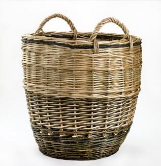 A tall circular basket with two small handles.