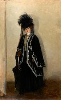 Romaine Brooks' Madame Errazuris is a painting of a woman posed with an umbrella.