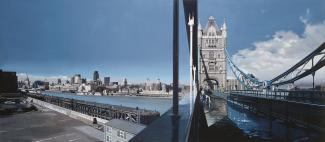 Estes' Tower Bridge, London, a painting of the bridge in London with the city in the background.