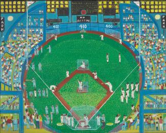 Fasanella's Night Game--Practice Time is a painting of a baseball game.