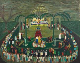 Fasanella's McCarthy Era Garden Party, a painting of a gathering of people around a gated garden party.