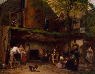 Eastman Johnson's painting of a house with people outside doing various activities. 