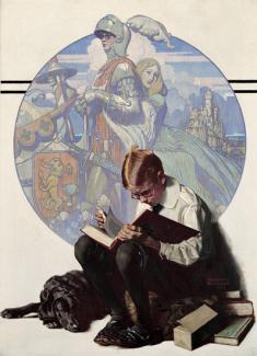 Rockwell's oil on canvas of a boy reading a big book with his imagination of the story behind him.