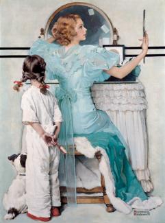 Rockwell's oil on canvas of a woman in a blue dress in front of a vanity with her daughter and dog watching.