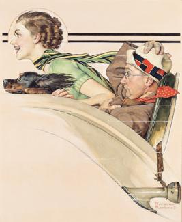 Rockwell's oil on canvas of a couple in a rumble seat with the woman and her dog smiling and the man scared while holding on to his hat. 