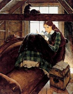 Rockwell's oil on canvas of a woman sitting on a couch in an attic writing.