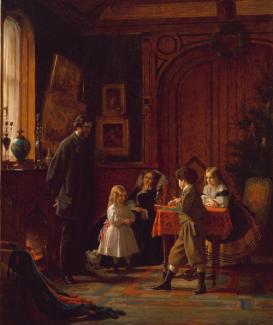 Johnson's oil on canvas of a family inside an interior dwelling celebrating Christmas.