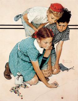 Rockwell's oil on canvas of three children playing marbles. 