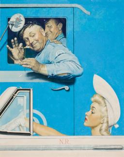 Rockwell's oil on canvas of two men in a blue truck trying to flirt with a pretty lady in a car.