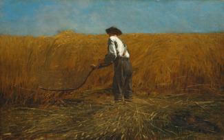 Homer's oil on canvas of a man harvesting in a field of wheat.