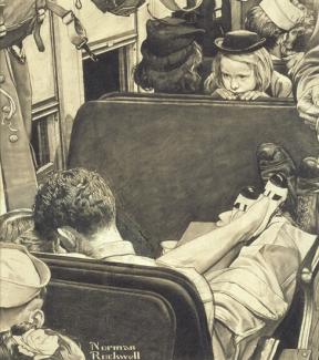 Rockwell's charcoal on paper of a little girl on a train looking back at a couple kissing.
