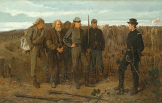 Homer's oil on canvas of prisoners talking to a man dressed as a soldier. 