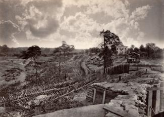Barnard's vintage albumen print of a town with a few forts and houses.