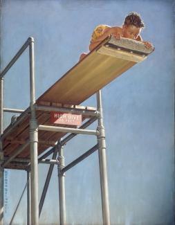 Rockwell's oil on canvas of a boy on a diving board up high peeping off the edge like he is scared.