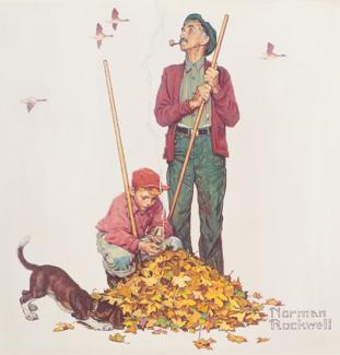 Rockwell's oil on canvas of a grandpa and grandson raking leaves with their dog around.