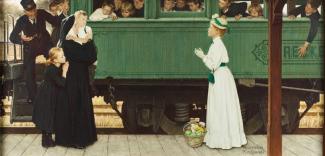 Rockwell's oil on canvas of woman greeting an orphan boy off of a train.