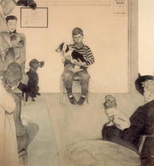 Rockwell's charcoal and pencil on paper of a boy holding his dog in the waiting room at the vet.