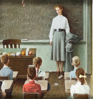 Rockwell's oil on canvas of a teacher in a classroom in front of her students.