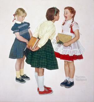 Rockwell's oil on canvas of a young girl opening her mouth and her friend viewing her missing tooth with another girl in the background.