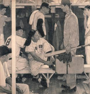 Rockwell's charcoal on paper of baseball players in a locker room with a man dressed in a suit holding a suitcase.