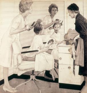 Rockwell's pencil on paper of a woman cutting a little girls chair at a salon.