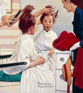 Rockwell's oil on canvas of a girl sitting at a salon getting her hair cut.