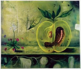 Rockman's oil painting of a mealworm inside a large green apple.