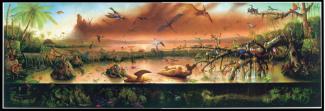 Rockman's oil painting of a scene in water with many different types of animals.