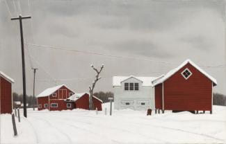 Ault's oil on canvas of a landscape with red barns in the snow.
