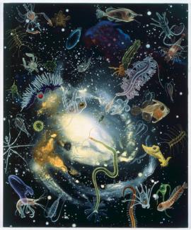Rockman's oil painting of different types of creatures in space.