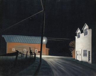 Ault's oil on canvas of a night scene two two buildings and a street light.