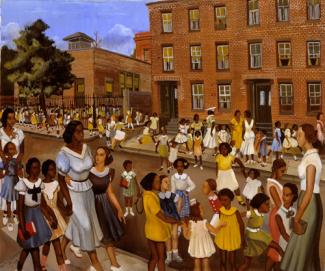 Crite's oil painting of children and adults gathered outside of a school.