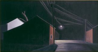 Ault's oil on canvas of a night scene with two barns separated by a street.
