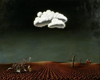 Cox's oil painting of a landscape with a white cloud.